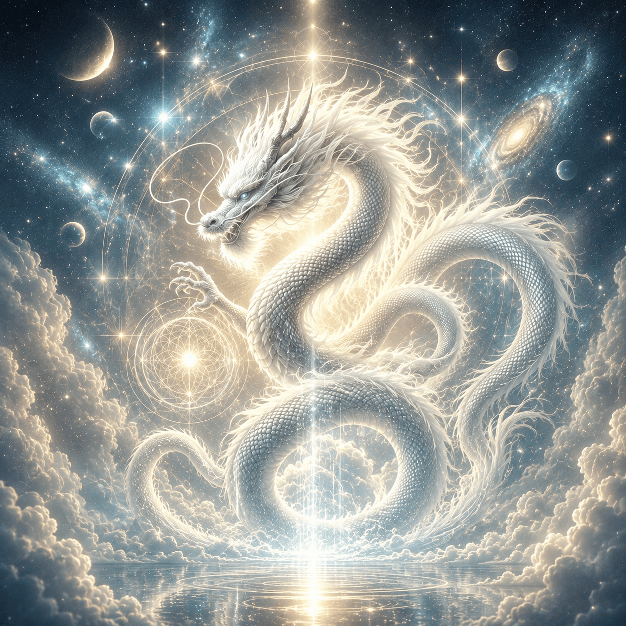 El Dragón Blanco, sereno y luminoso, en el cielo estrellado